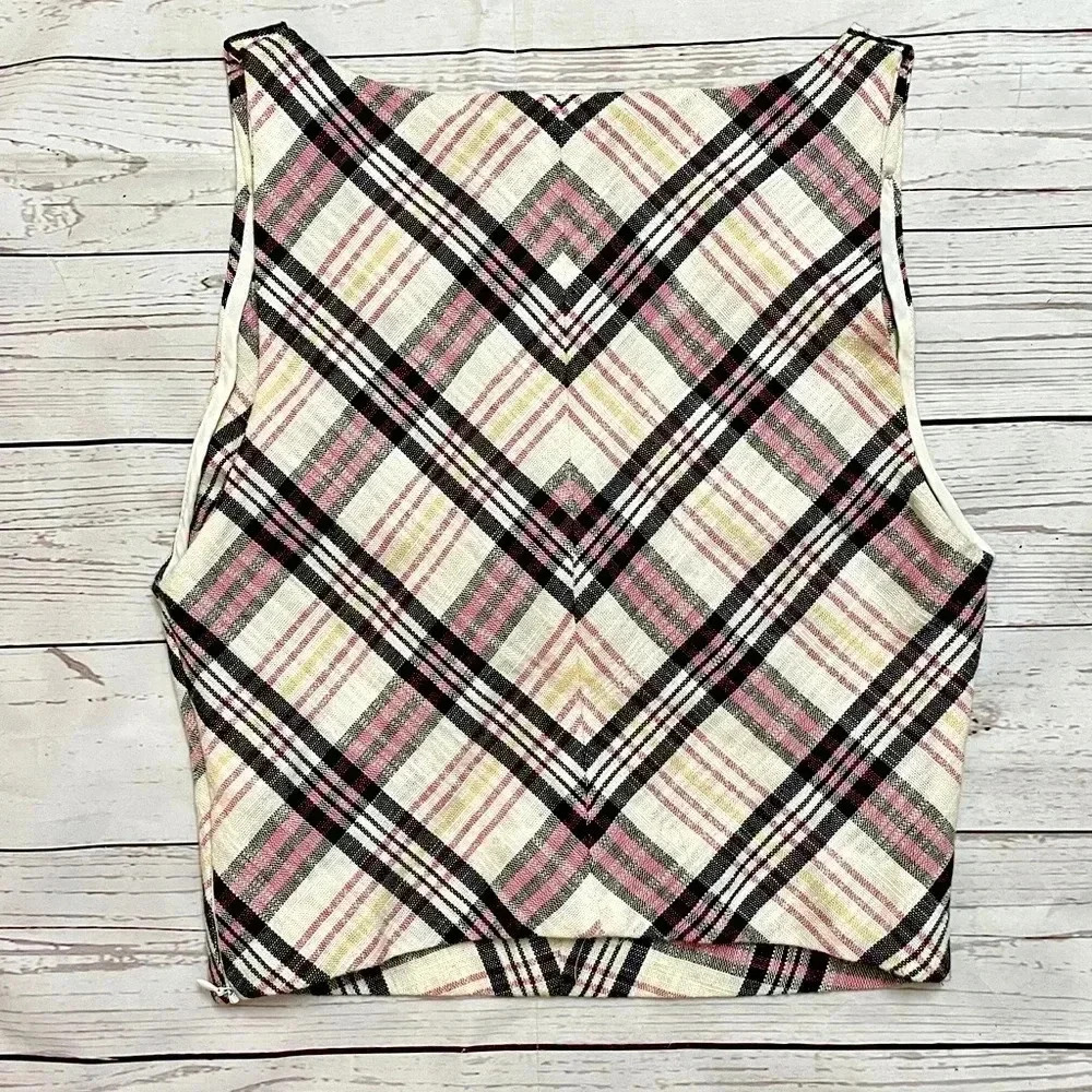 🎀EUC 🎀 Zara Womens TRF Plaid Crop Tank Top Sleeveless XS Bow Detail Pink Black - Picture 10 of 13